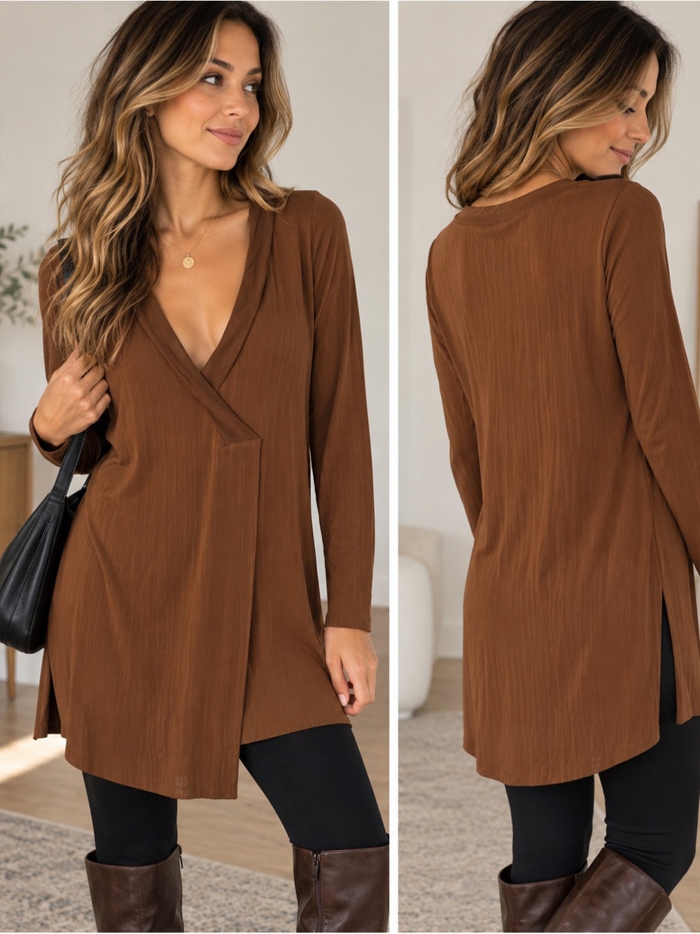 Zara W&B Collection Brown Ribbed Tunic Dress V Neck Long Sleeve Size S